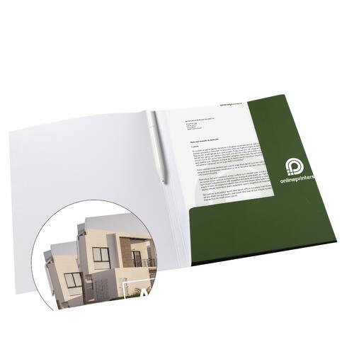 Papieren map met pennenhouder.