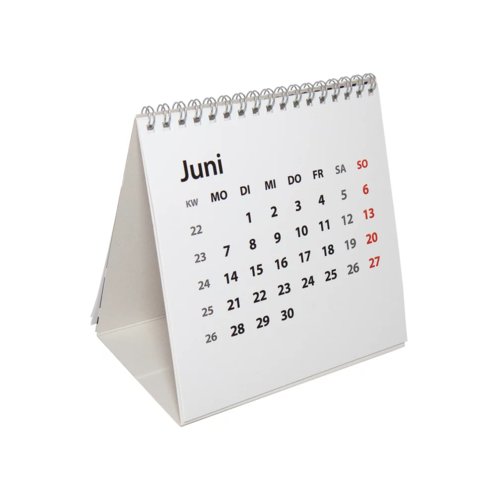 Tafelkalender met ringband en opvouwbare driehoekige voet.