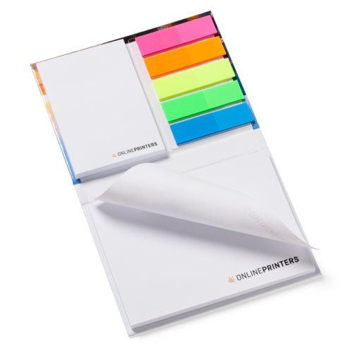 Set met plaknotities, notitieblok en kleurrijke plakstrips.