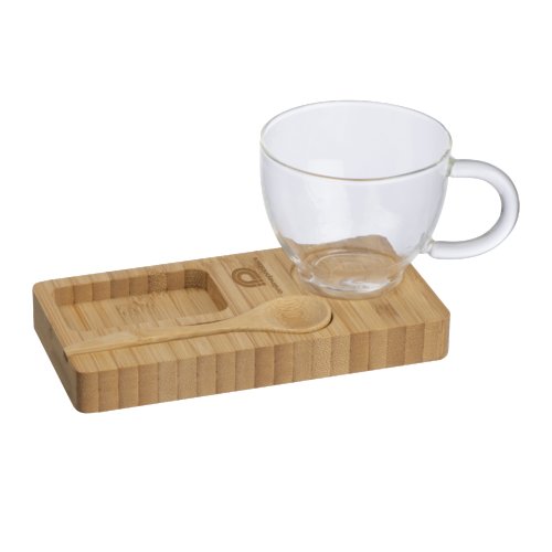 Houten serveerplank met bijpassende kop en lepel.