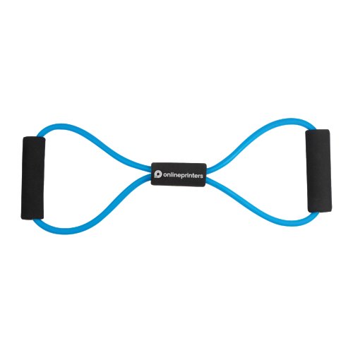 Blauwe rubberen fitnessexpander met twee handvatten.