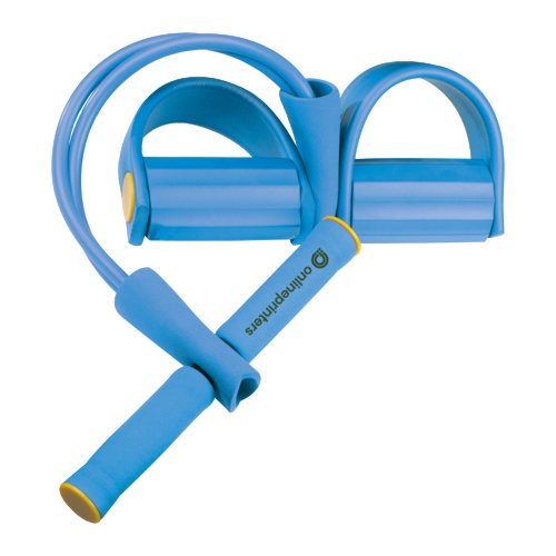 Blauwe foam fitness expander met handvatten en voetlussen.