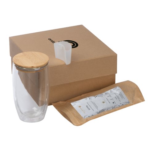 Meerkleurige thee geschenkset met glas, bamboe deksel en accessoires.