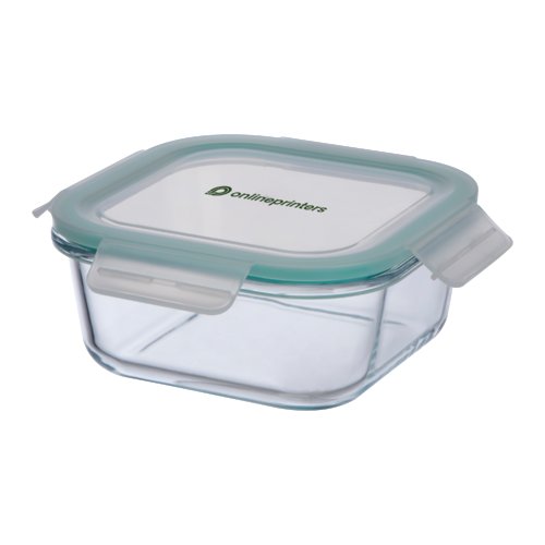 Transparante glazen voedselcontainer met lichtblauwe deksel.