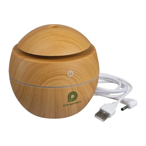 Houtkleurige bolvormige luchtbevochtiger met USB-kabel.