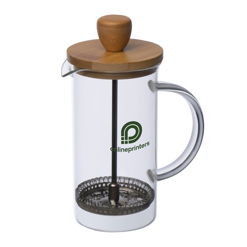Glazen French press mit houten deksel en metalen filter.