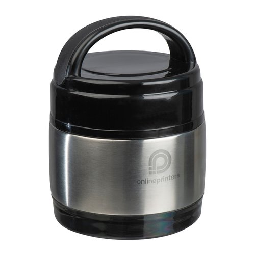 Zwarte roestvrijstalen lunchbox met handvat.