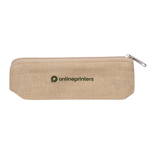 Beige stoffen etui met ritssluiting.