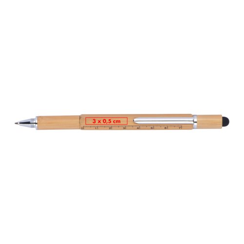 Houtkleurige bamboe multifunctionele pen met touchpenfunctie en liniaal.