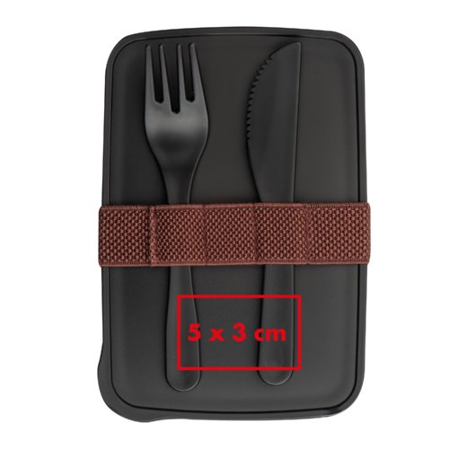 Zwarte plastic lunchbox met elastische band.