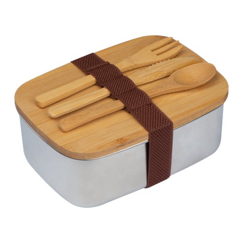Beige roestvrijstalen lunchbox met bamboe deksel en elastische band.