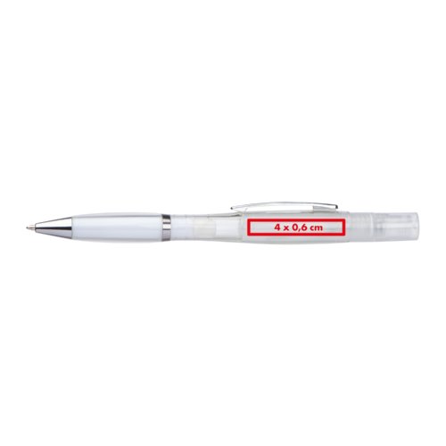 Witte plastic balpen met sprayfunctie en clip.