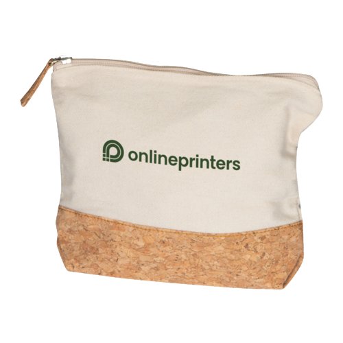 Beige katoenen make-uptas met kurken basis en ritssluiting.