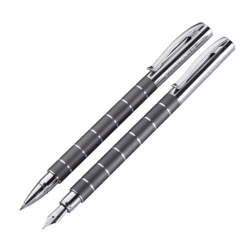 Grijze metalen schrijfset met balpen en vulpen.