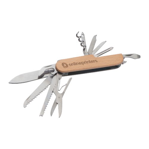 Beige houten zakmes met diverse metalen gereedschappen.