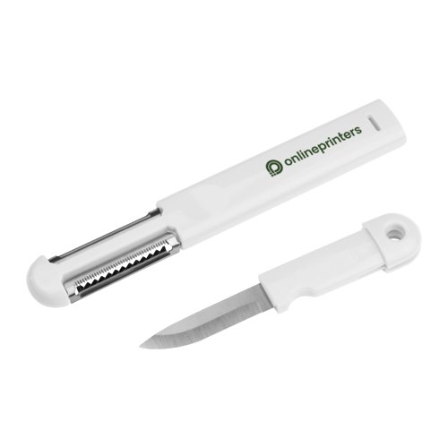 Witte 3-in-1 plastic schiller met mes.