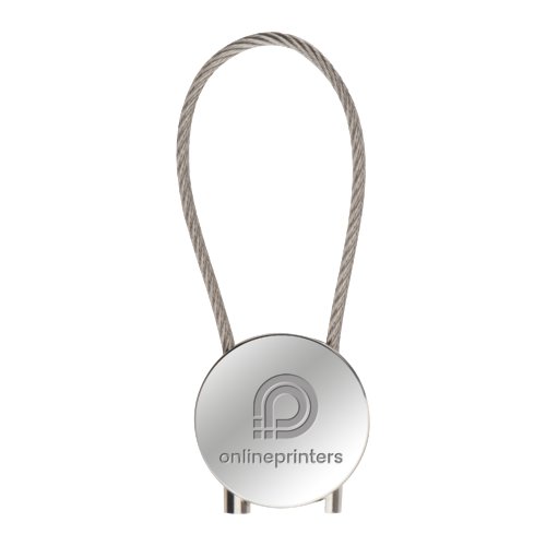 Metalen sleutelhanger met ronde hanger en staalkabel.