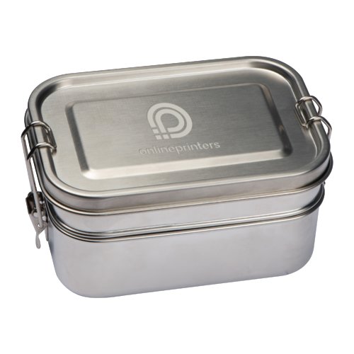 Zilverkleurige roestvrijstalen lunchbox met clipsluiting.