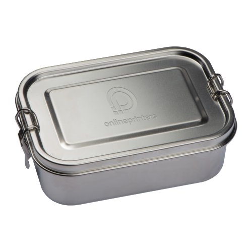 Zilverkleurige metalen lunchbox met sluitclips.