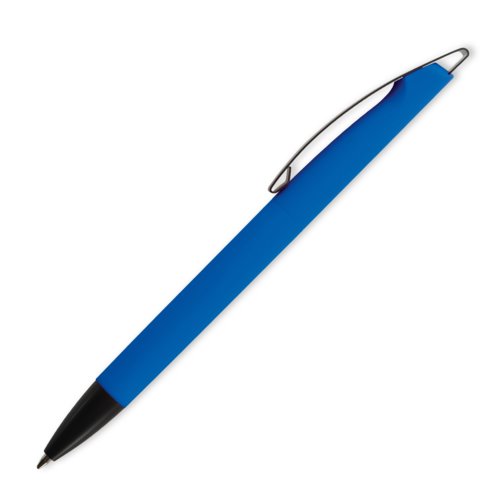Blauwe kunststof balpen met clip en drukknop.