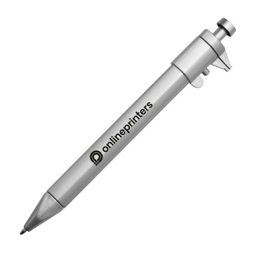 Zilverkleurige kunststof balpen met schuifmaat.