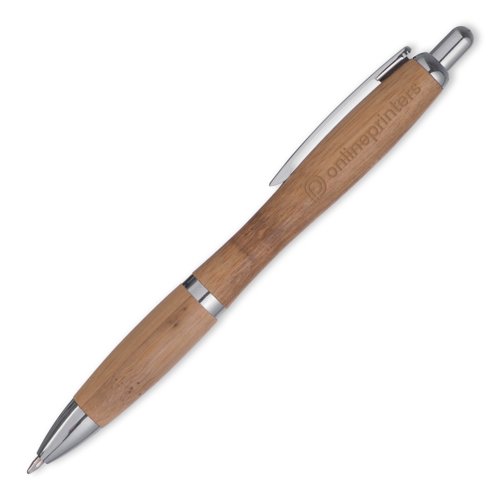Lichtbruine bamboe balpen met clip en drukmechanisme.