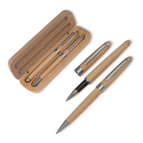 Bruine houten schrijfset met balpen, rollerball en etui.