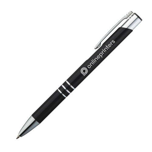 Zwarte metalen schrijfset met balpen en etui.
