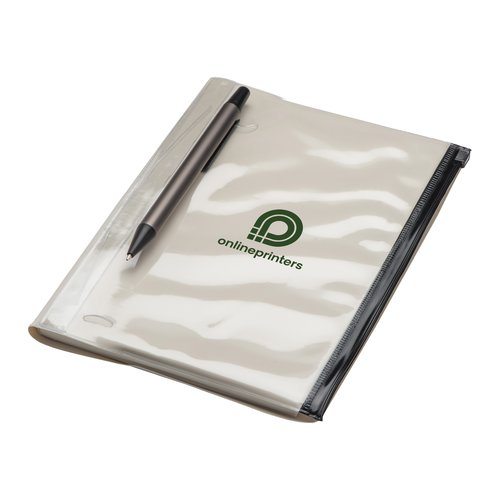 Notitieboek met transparante plastic hoes en rits.
