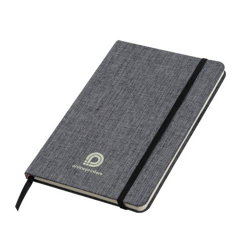 Grijs notitieboek met elastische sluiting en lint.