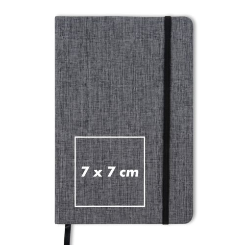 Grijs notitieboek met elastische bandsluiting en bladwijzer.