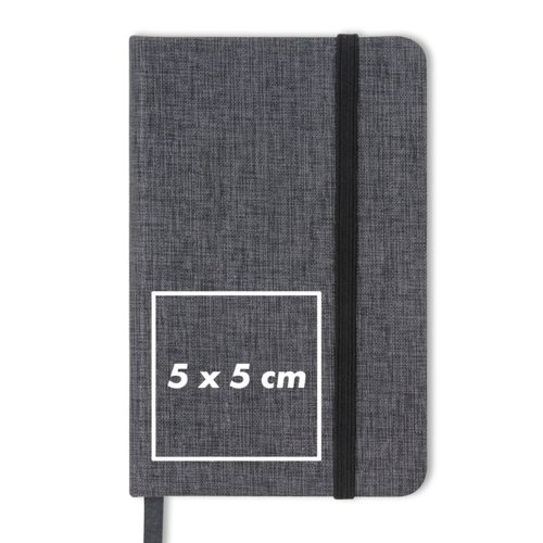 Grijs notitieboek met elastische sluiting.