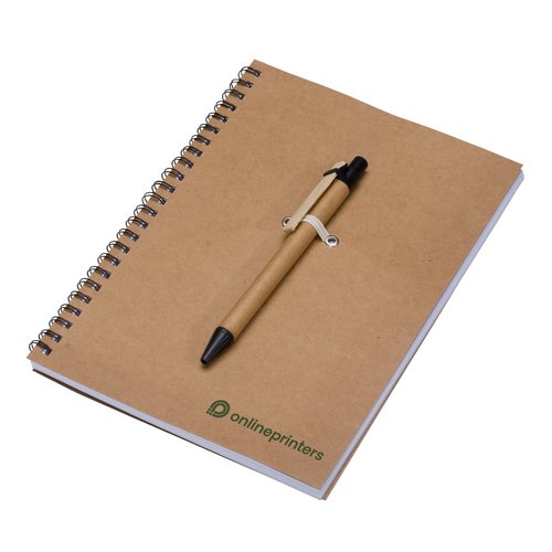 Recycling papier schrijfset met pen en spiraalbinding.