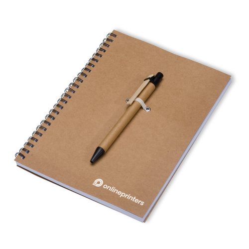 Bruin eco-vriendelijk notitieblok met spiraalbinding en pennenhouder.