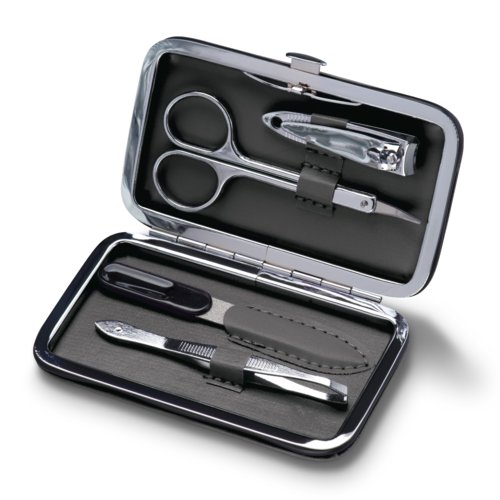 Antracietkleurige manicure set in PU etui met diverse tools.