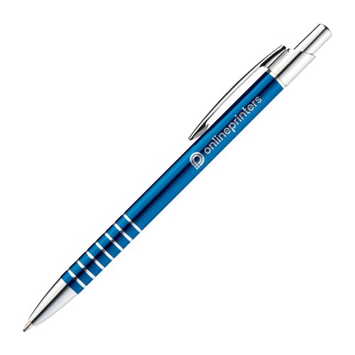 Blauwe metalen balpen met clip en drukmechanisme.