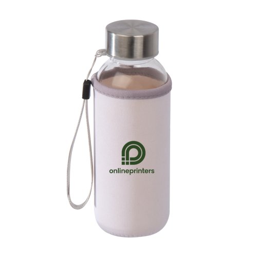 Witte glazen waterfles met schroefdop en draaglus.
