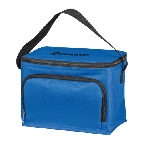 Blauwe koeltas met ritssluiting en draagbeugel.