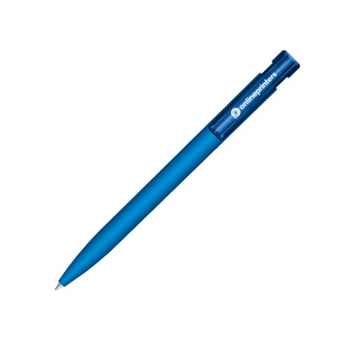 Blauwe balpen met zacht oppervlak en drukmechanisme.