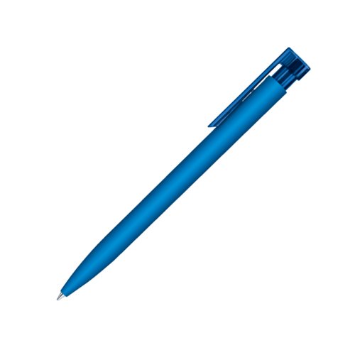 Blauwe kunststof balpen met soft-touch afwerking en clip.