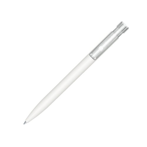 Witte balpen met zacht oppervlak en drukknop.