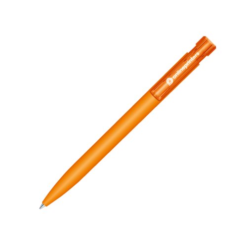 Oranje kunststof balpen met drukknop en soft-touch afwerking.