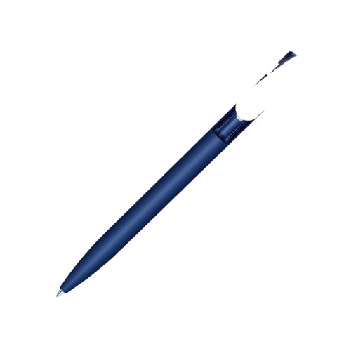Donkerblauwe balpen met drukmechanisme en metalen elementen.