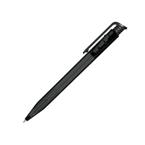 Zwarte plastic balpen met drukmechanisme en clip.