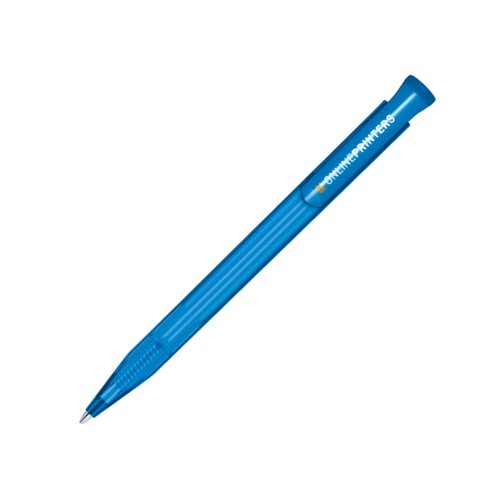 Blauwe plastic balpen met drukknop.