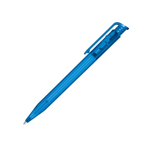 Blauwe plastic balpen met clip en drukmechanisme.