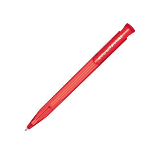 Rode plastic balpen met drukknopmechanisme.