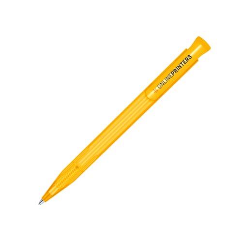 Gele plastic balpen met drukknop en clip.