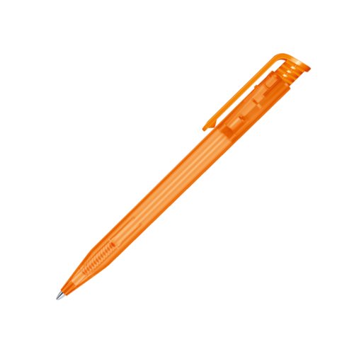 Oranje plastic balpen met drukknop en clip.