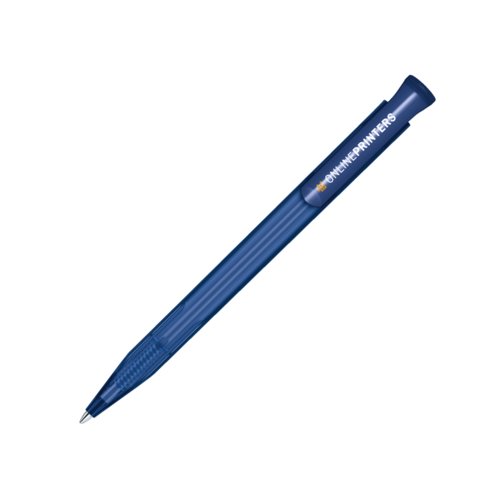 Donkerblauwe kunststof balpen met drukknop.